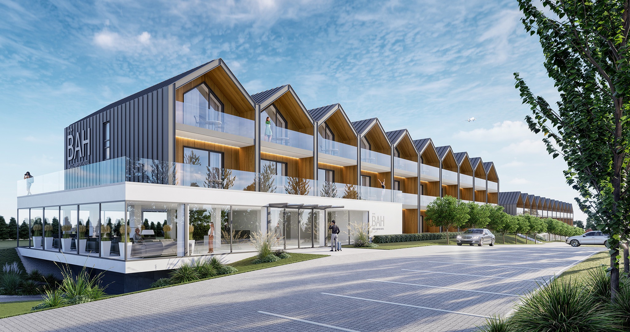 Wizualizacja nowoczesnego, trzypiętrowego budynku hotelowego BAA z parkingiem i zielenią. Charakterystyczne, szczytowe dachy, przeszklone balkony i elewacja w odcieniach szarości.