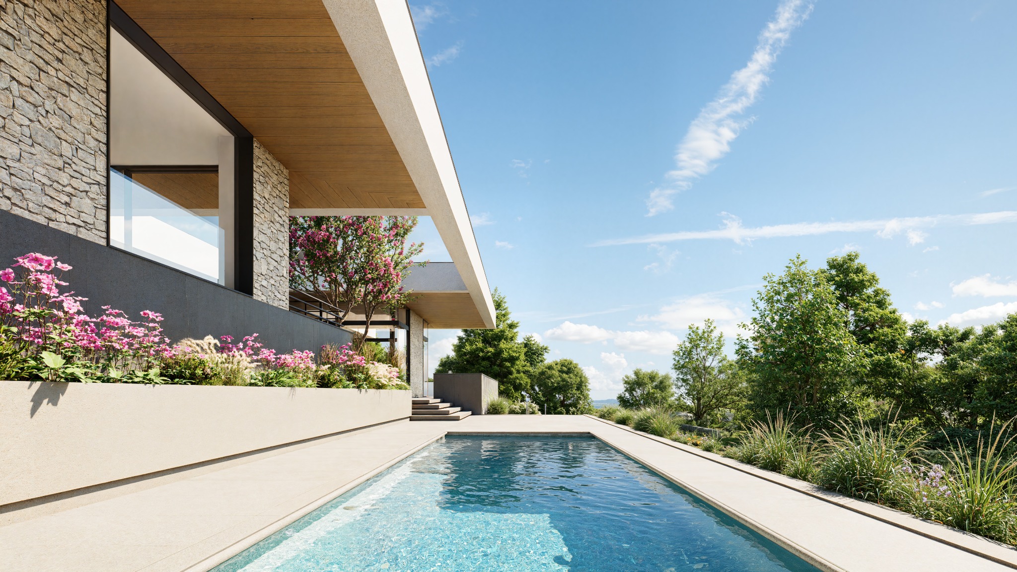 Nowoczesny dom z kamienną elewacją i basenem. Widok z poziomu wody, kwiaty w donicach, błękitne niebo. Architektura minimalistyczna, zieleń w tle.