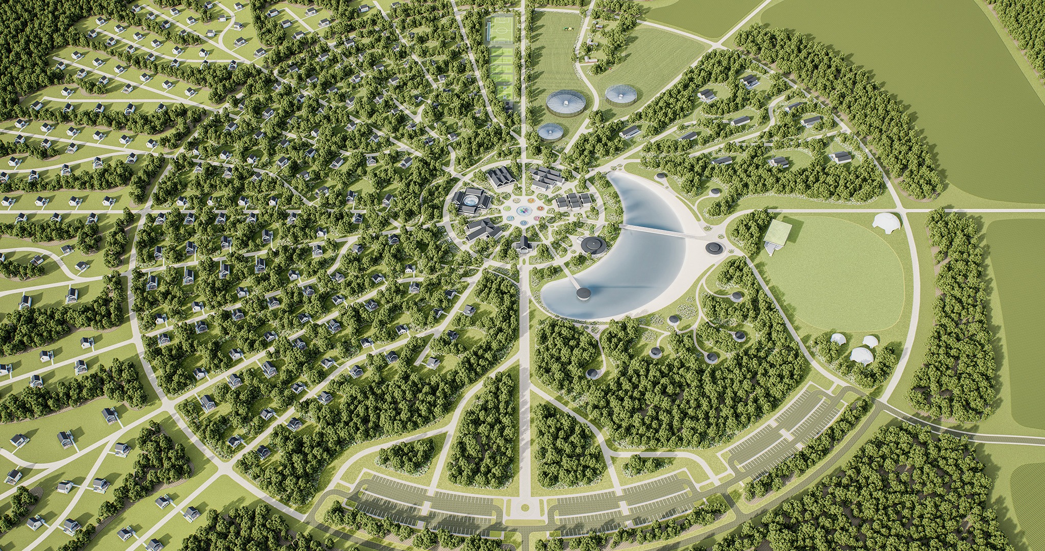 Plan osiedla domów jednorodzinnych z lotu ptaka w Krakowie. Centralny park, jezioro i okrągły układ urbanistyczny.