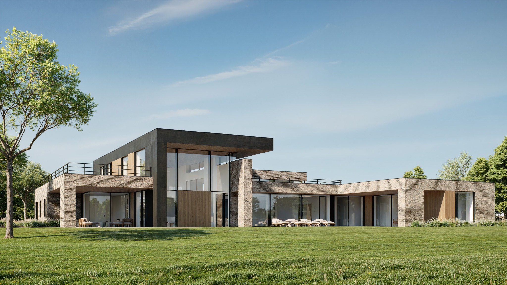 Elegancki, nowoczesny dom z elementami z cegły i dużymi przeszkleniami, otoczony zielonym trawnikiem i drzewami pod błękitnym niebem. Widok z perspektywy ogrodu.