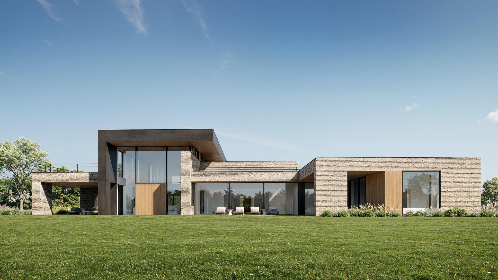 Nowoczesny dom z elewacją z jasnej cegły, dużymi przeszkleniami i płaskim dachem. Widok na zielony trawnik i błękitne niebo. Minimalistyczny design z elementami drewna.