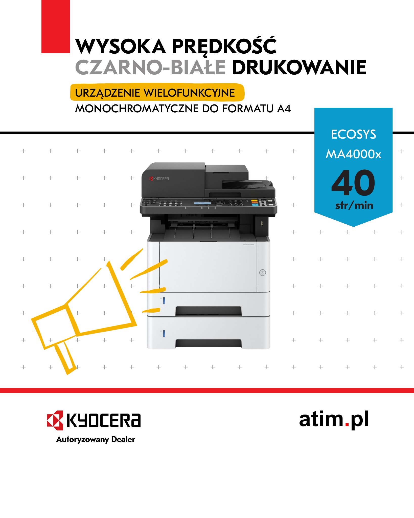 Czarno-biała kserokopiarka Kyocera ECOSYS MA4000x z grafiką megafonu, podkreślająca wysoką prędkość drukowania 40 str/min. Urządzenie wielofunkcyjne A4.