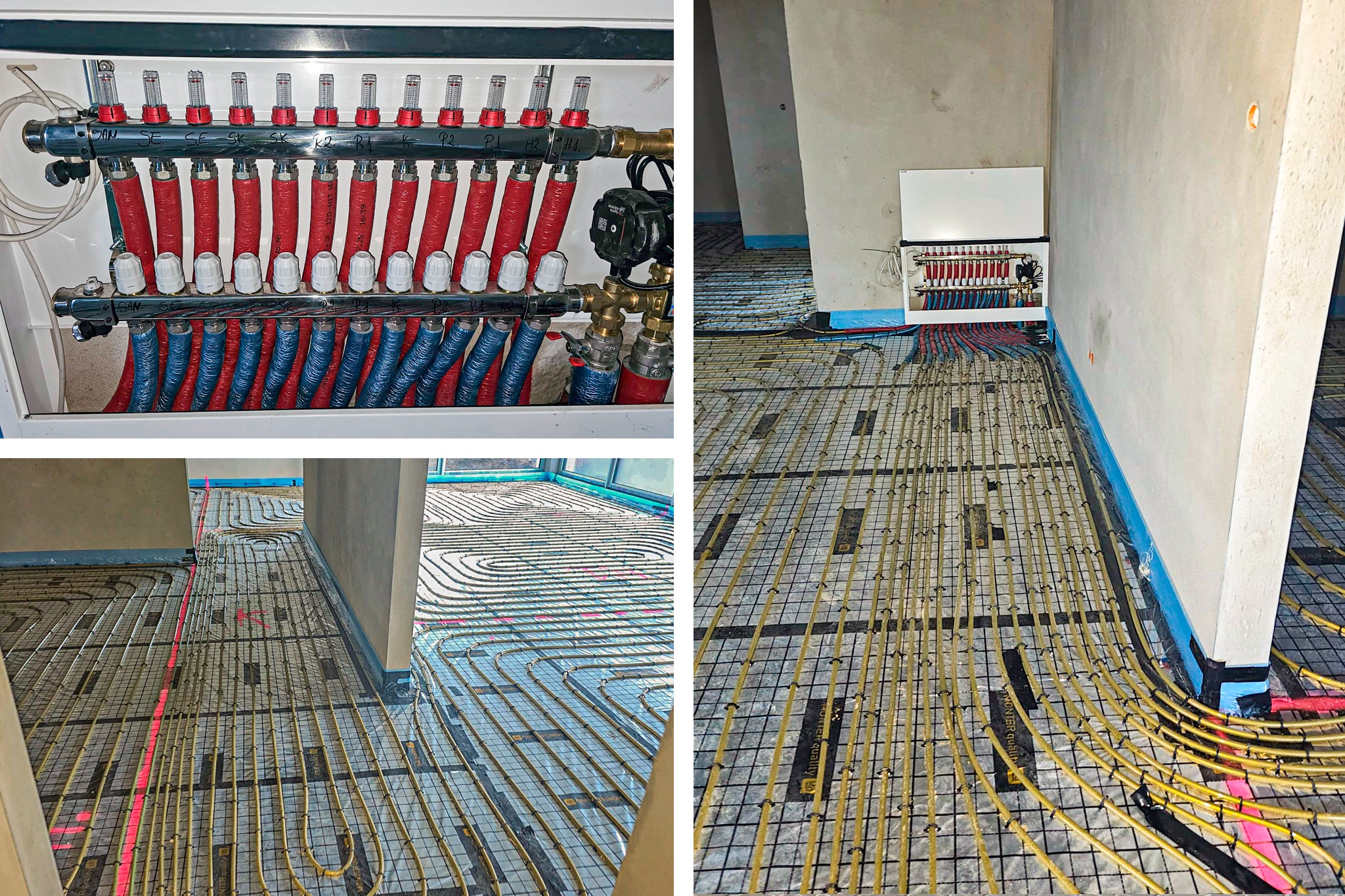 Rozdzielacz z rurami grzewczymi podłogowymi w kolorach czerwonym i niebieskim, ułożone na siatce, widok z różnych perspektyw, instalacja ogrzewania podłogowego.
