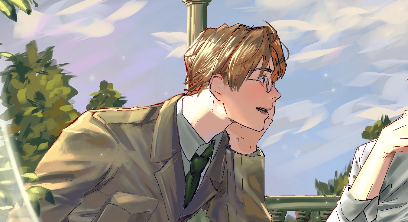 Ilustracja cyfrowa: mężczyzna w garniturze i okularach, oparty o dłoń, z kolumną i zielenią w tle, w jasnym oświetleniu.