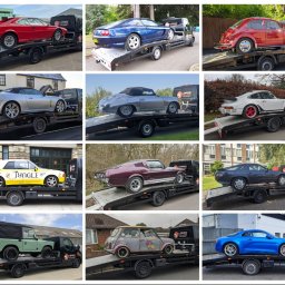 LARGOCAR COM - Laweta z Sędziszowa Małopolskiego transportuje kolekcję klasycznych samochodów. Różne modele i kolory aut na lawetach.