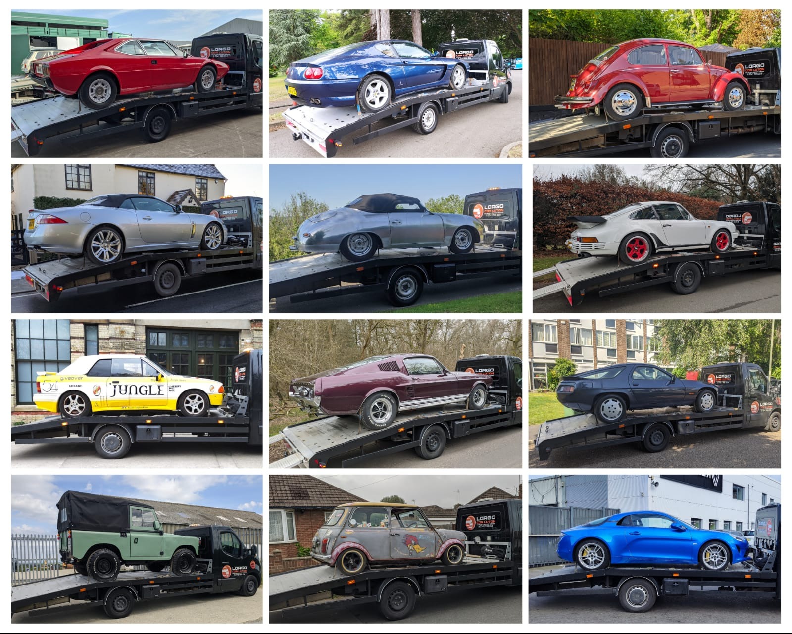 Laweta z Sędziszowa Małopolskiego transportuje kolekcję klasycznych samochodów. Różne modele i kolory aut na lawetach.