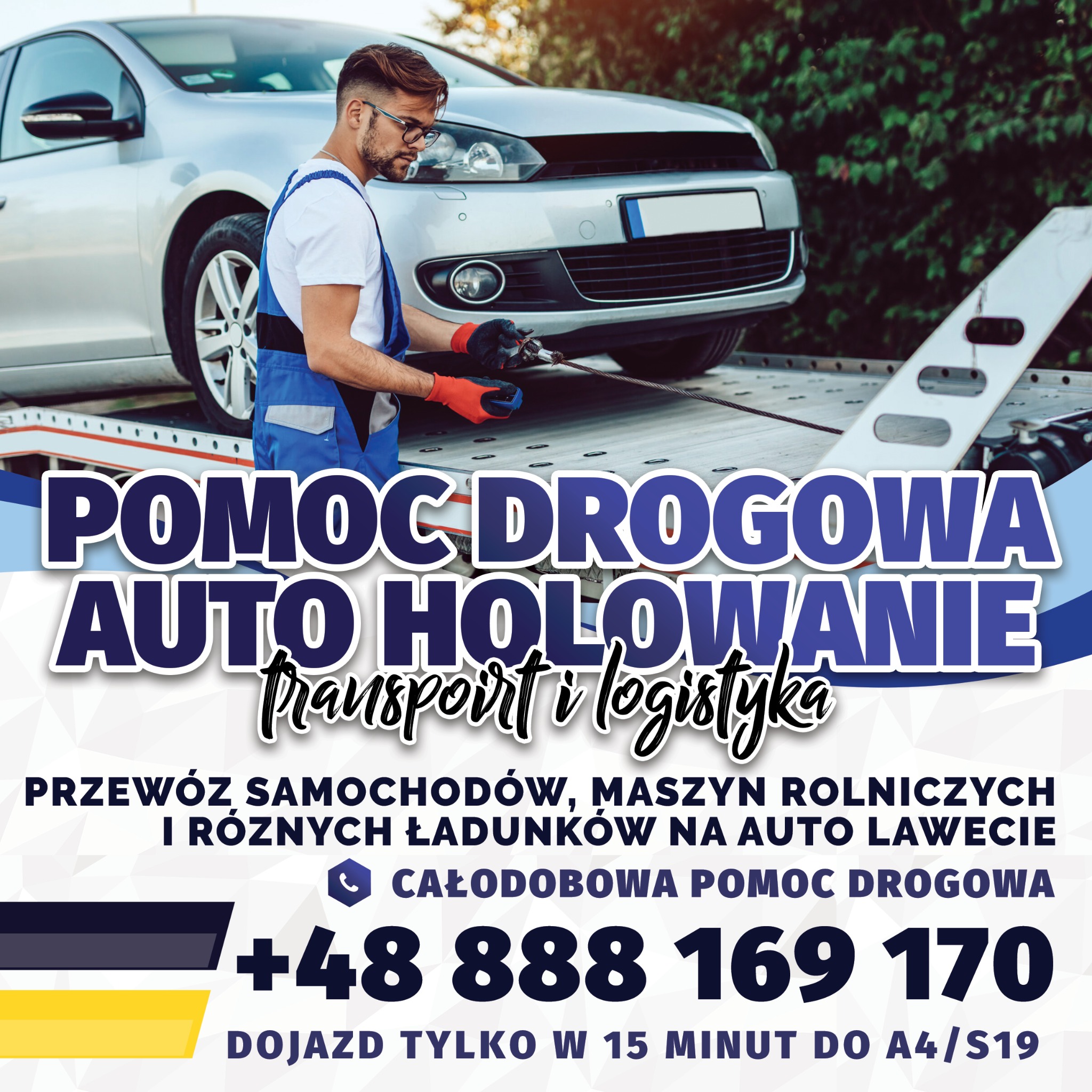 Laweta z Volkswagenem Golfem. Mężczyzna w stroju roboczym zabezpiecza auto na lawecie. Widoczne narzędzia i lina holownicza. Pomoc drogowa z szybkim dojazdem.