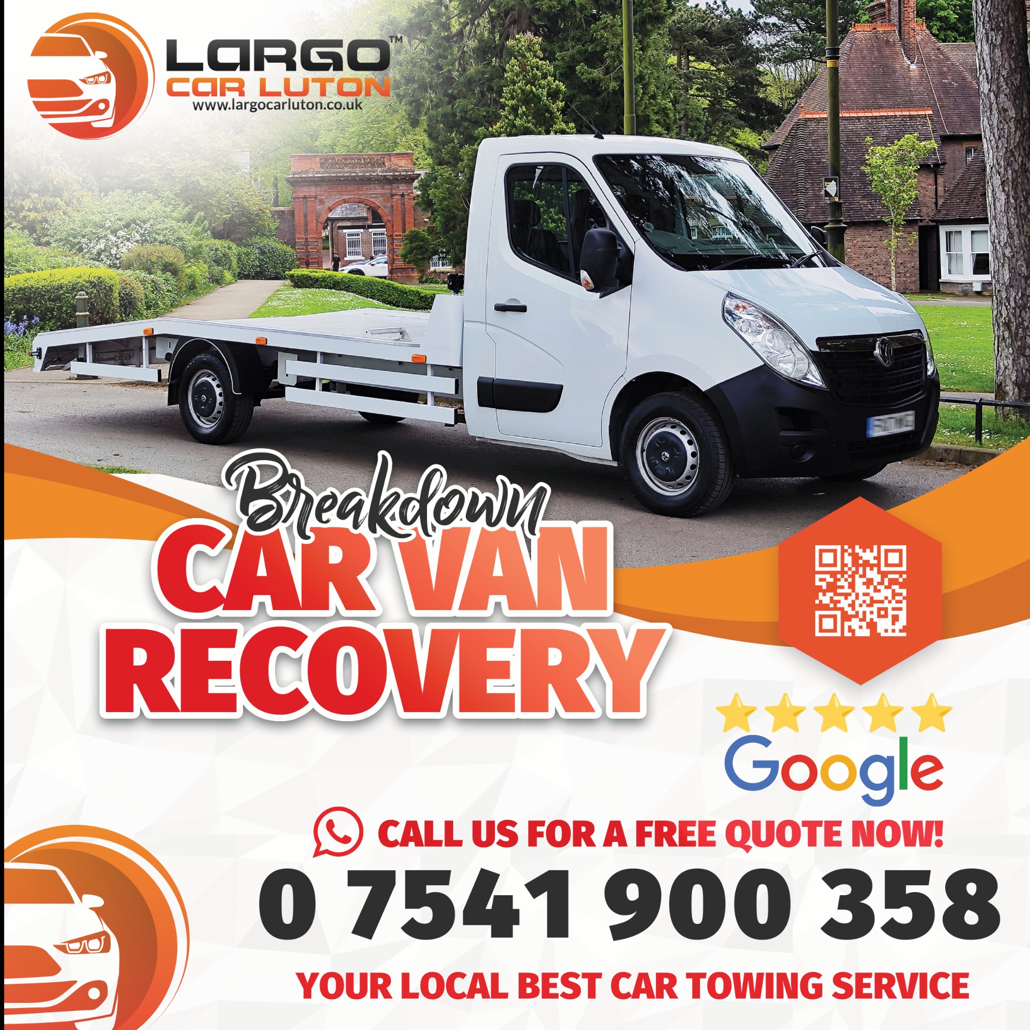 Reklamowa grafika lawety Largo Car Luton z adresem strony, numerem telefonu i oceną Google. Tło z budynkiem w parku.