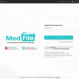 Ekran logowania do systemu Medfile z logo w lewym górnym rogu, polem na adres e-mail i przyciskiem Dalej. Tło z motywem górskim w dolnej części.