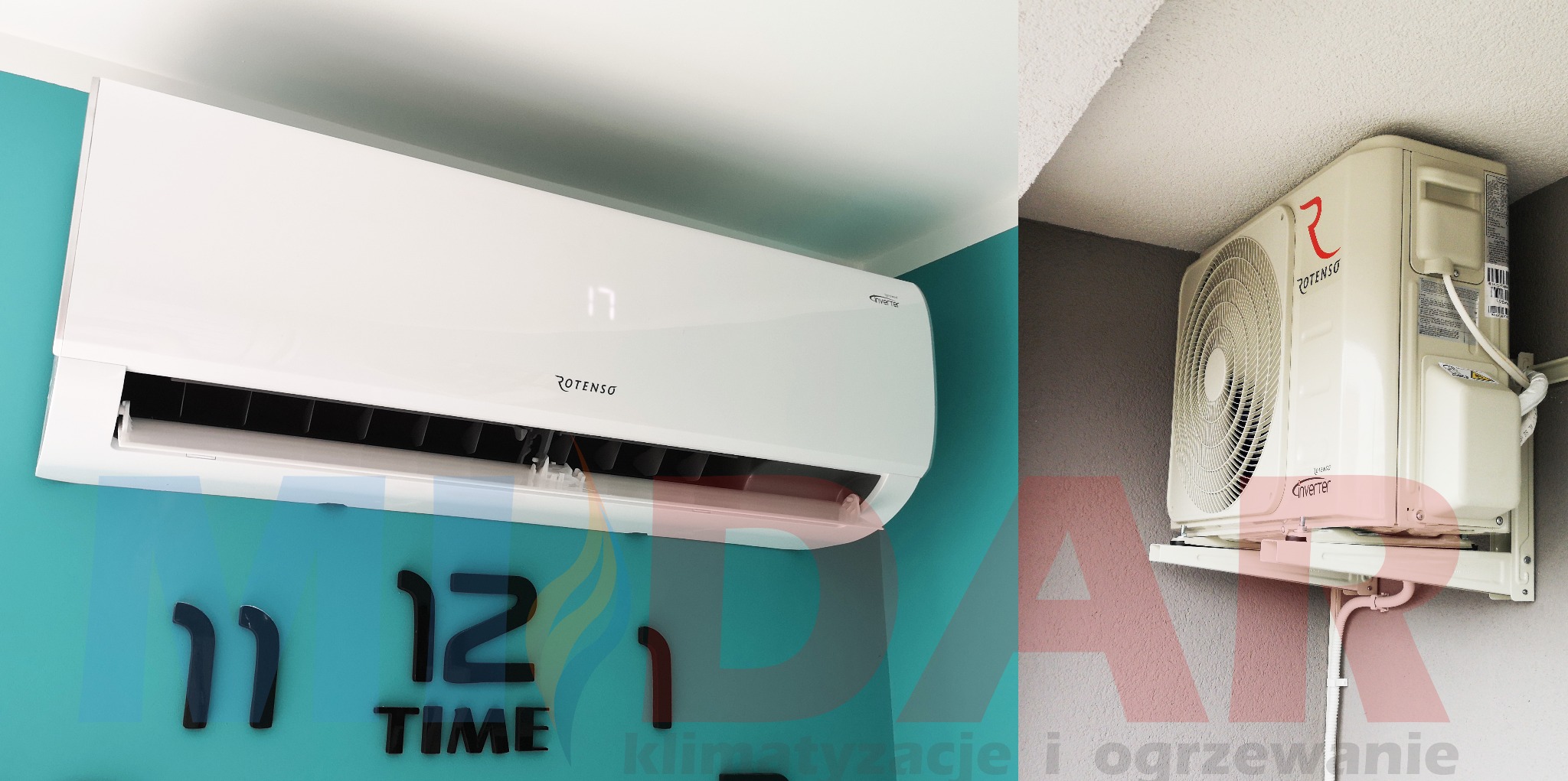 Biała klimatyzacja Rotenso na ścianie turkusowej z zegarem i szarej, widok z przodu i z boku na jednostkę zewnętrzną z rurami. Nowoczesny design, estetyczny montaż.
