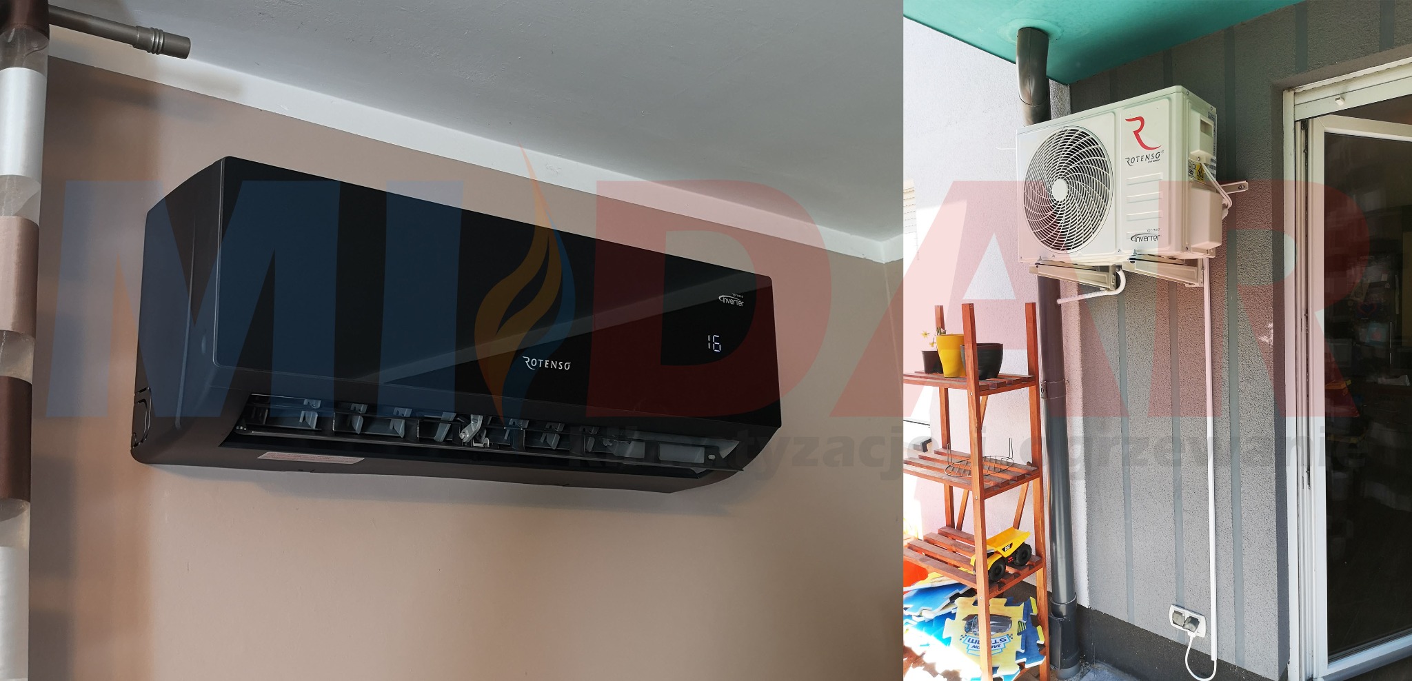 Czarny klimatyzator Rotenso na ścianie wewnątrz, biały klimatyzator Rotenso na zewnątrz budynku, obok regału z zabawkami i doniczkami.