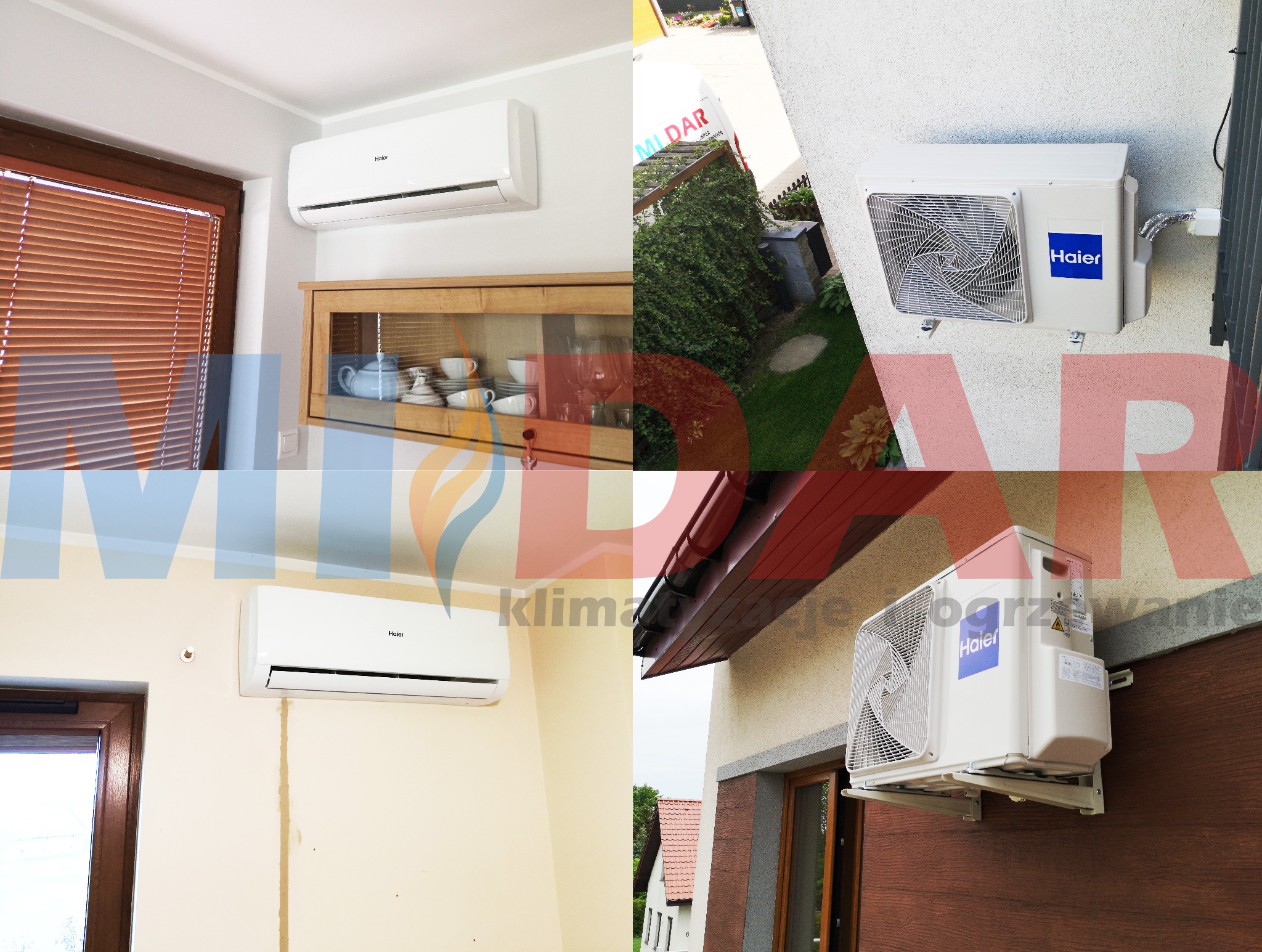 Montaż klimatyzacji Haier: jednostka wewnętrzna obok okna z żaluzjami, jednostka zewnętrzna na elewacji budynku. Różne ujęcia i lokalizacje.