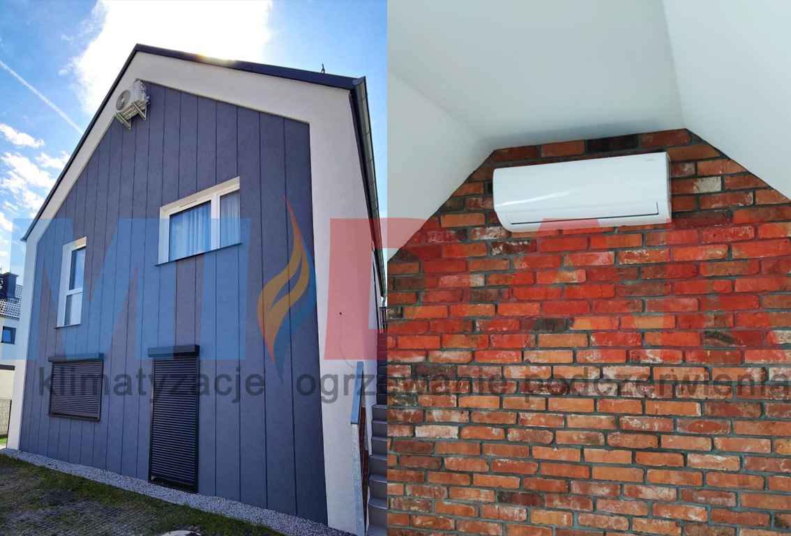 Split: klimatyzator na elewacji domu z szarej blachy i drugi na ceglanej ścianie wewnątrz. Montaż w budynku.