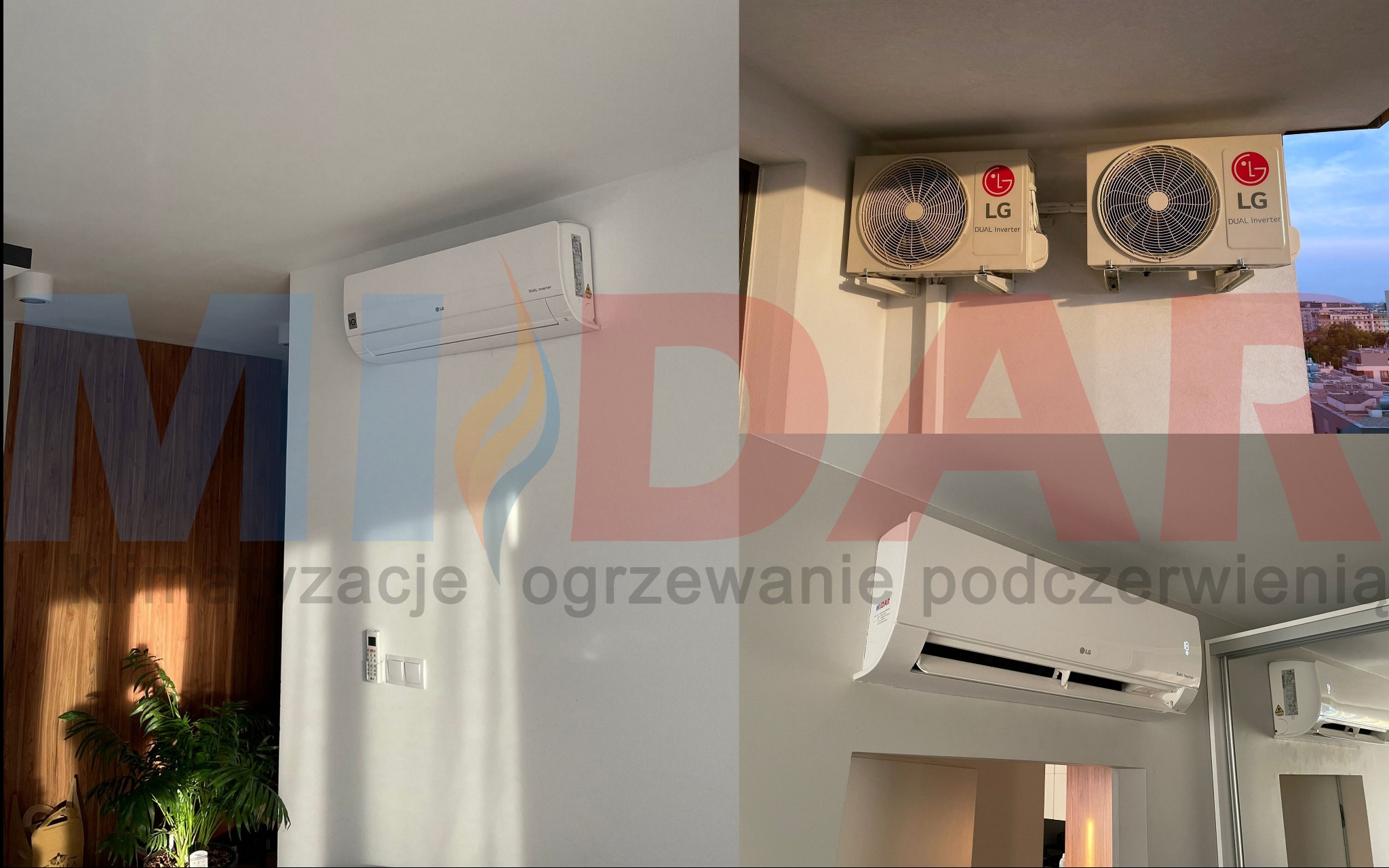 Nowoczesny, biały klimatyzator LG Dual Inverter zamontowany na ścianie w jasnym wnętrzu. Widoczne dwa klimatyzatory, jeden wewnątrz, drugi na balkonie.