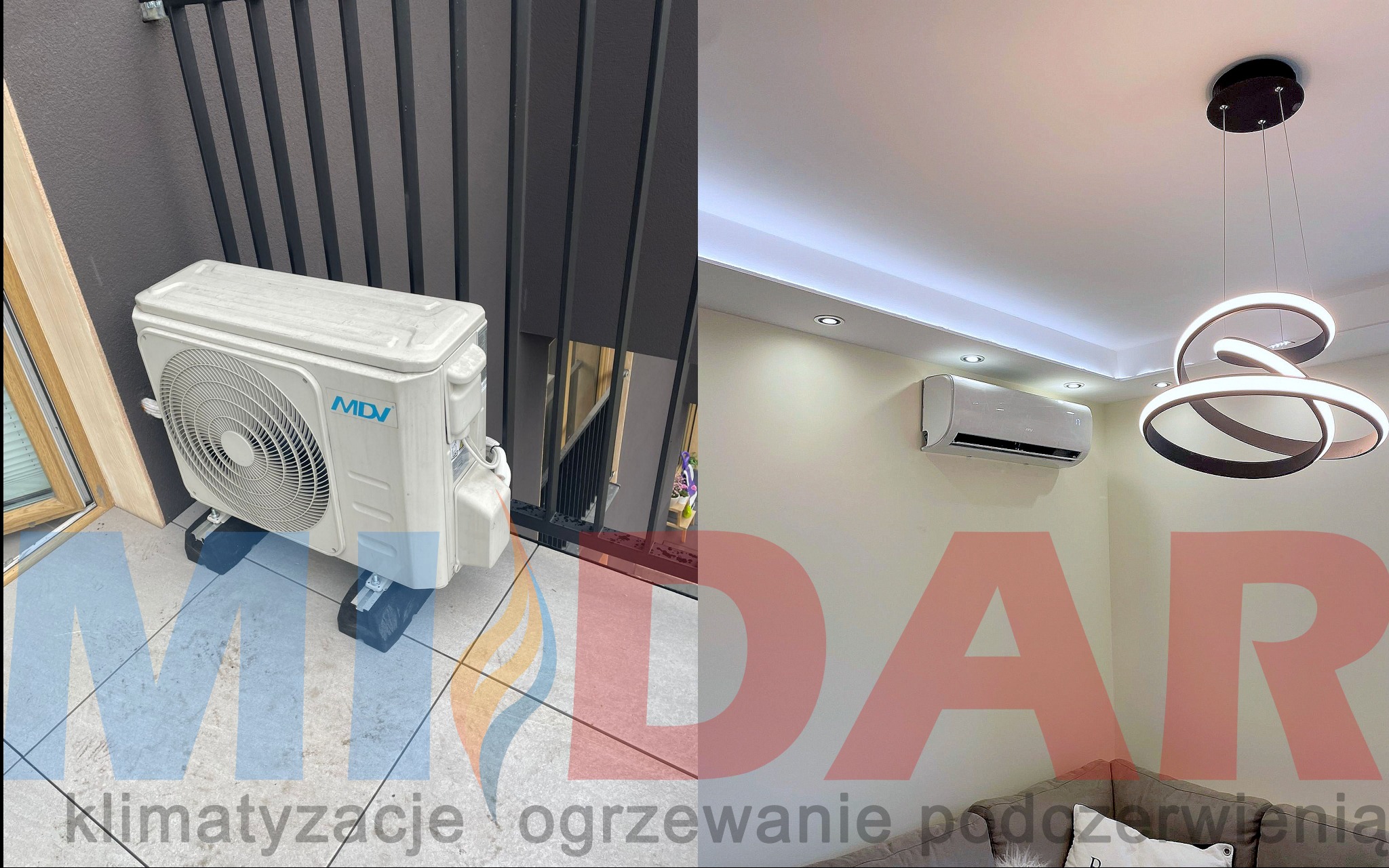 Dwa ujęcia: klimatyzator MDV na balkonie z balustradą i okno w tle, oraz klimatyzator w salonie z nowoczesną lampą i fragmentem sofy.