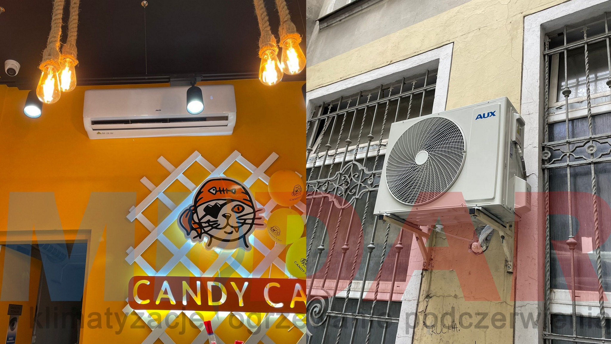Dwa klimatyzatory AUX: jeden wewnątrz lokalu z dekoracjami, drugi na zewnątrz budynku z kratami w oknach. Porównanie instalacji wewnętrznej i zewnętrznej.