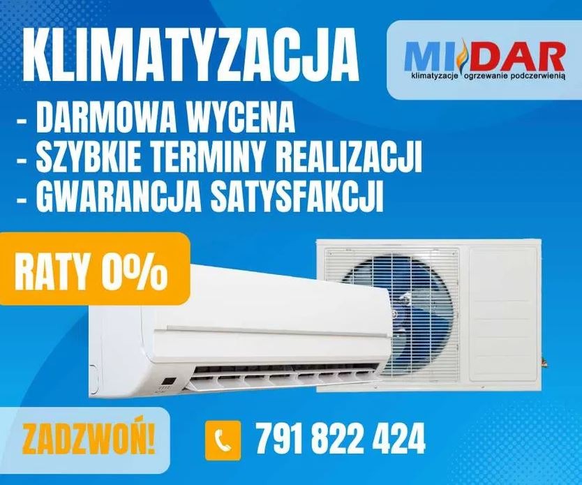 Klimatyzacja MIDAR: Darmowa wycena, szybkie terminy, gwarancja satysfakcji, raty 0%. Biały klimatyzator na błękitnym tle. Zadzwoń! 791 822 424.
