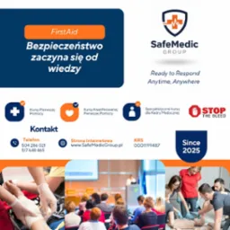 Grafika SafeMedic Group promująca kursy pierwszej pomocy, kwalifikowanej pierwszej pomocy i specjalistyczne kursy dla kadry medycznej. Szkolenia od 2025.