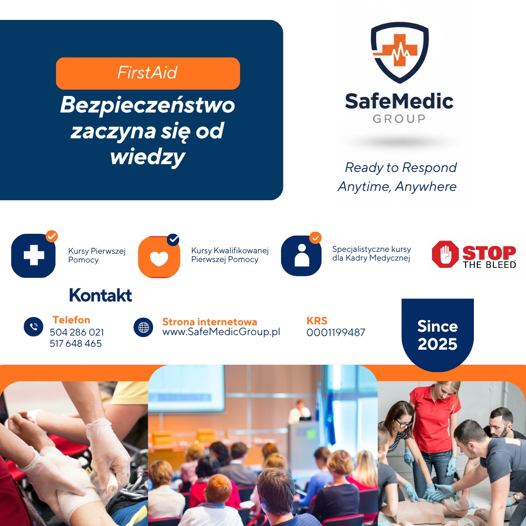 Grafika SafeMedic Group promująca kursy pierwszej pomocy, kwalifikowanej pierwszej pomocy i specjalistyczne kursy dla kadry medycznej. Szkolenia od 2025.