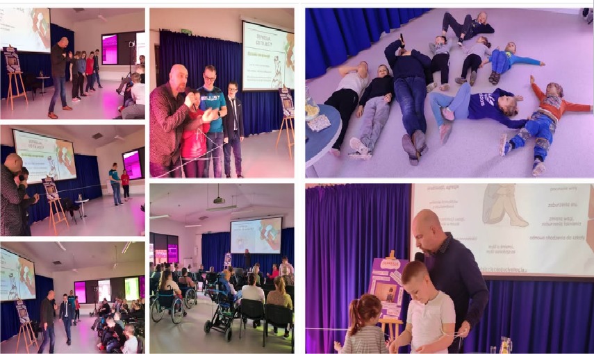 Warsztaty edukacyjne: grupa dzieci leżąca na podłodze, osoby na wózkach inwalidzkich i interakcje z liną podczas prezentacji na temat depresji.