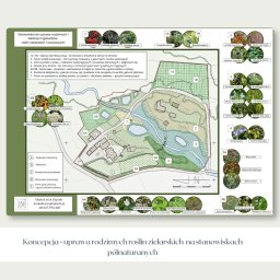 Marta Lorek Ogrody - Plan zagospodarowania terenu z oznaczeniami roślinności: drzewa, krzewy, łąki. Koncepcja uprawy rodzimych roślin zielarskich na stanowiskach półnaturalnych.
