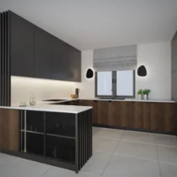 Nowoczesna kuchnia w odcieniach brązu i czerni. Wyspa z barkiem, minimalistyczne lampy i rolety rzymskie tworzą spójną całość.