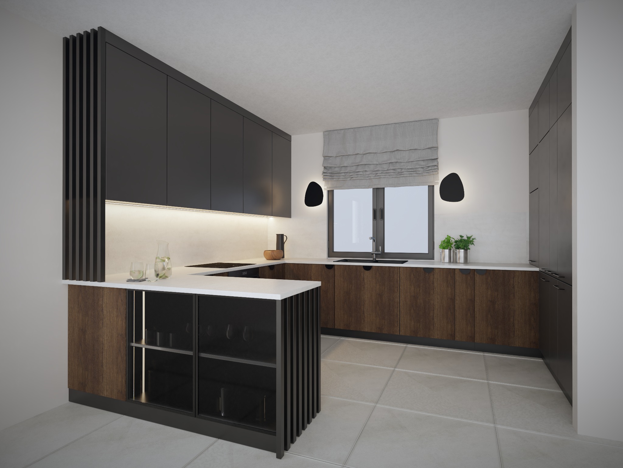 Nowoczesna kuchnia w odcieniach brązu i czerni. Wyspa z barkiem, minimalistyczne lampy i rolety rzymskie tworzą spójną całość.