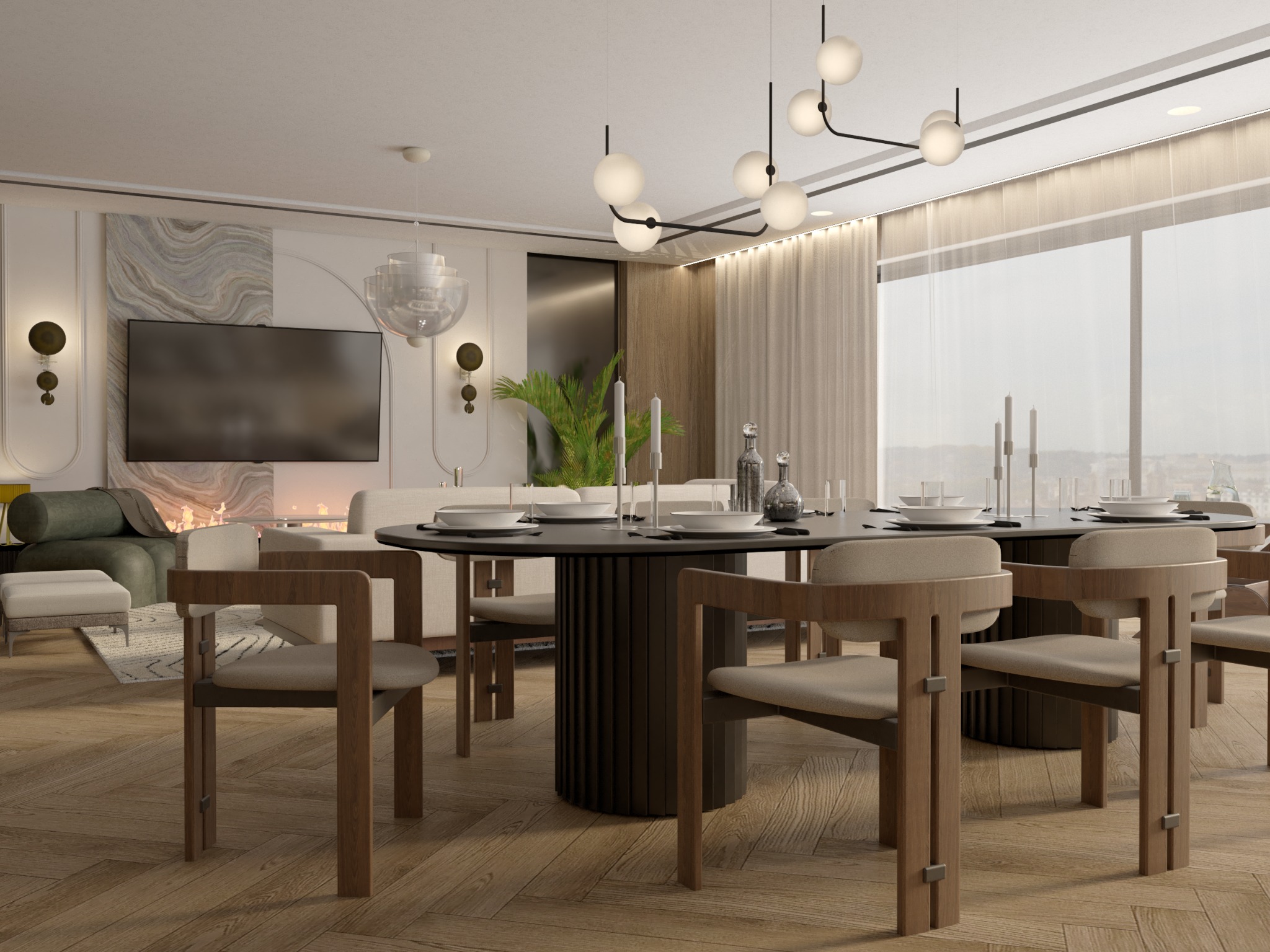 Elegancka jadalnia z okrągłym stołem, drewnianymi krzesłami i nowoczesnym oświetleniem. W tle salon z kominkiem i telewizorem. Parkiet w jodełkę. Minimalistyczny design.