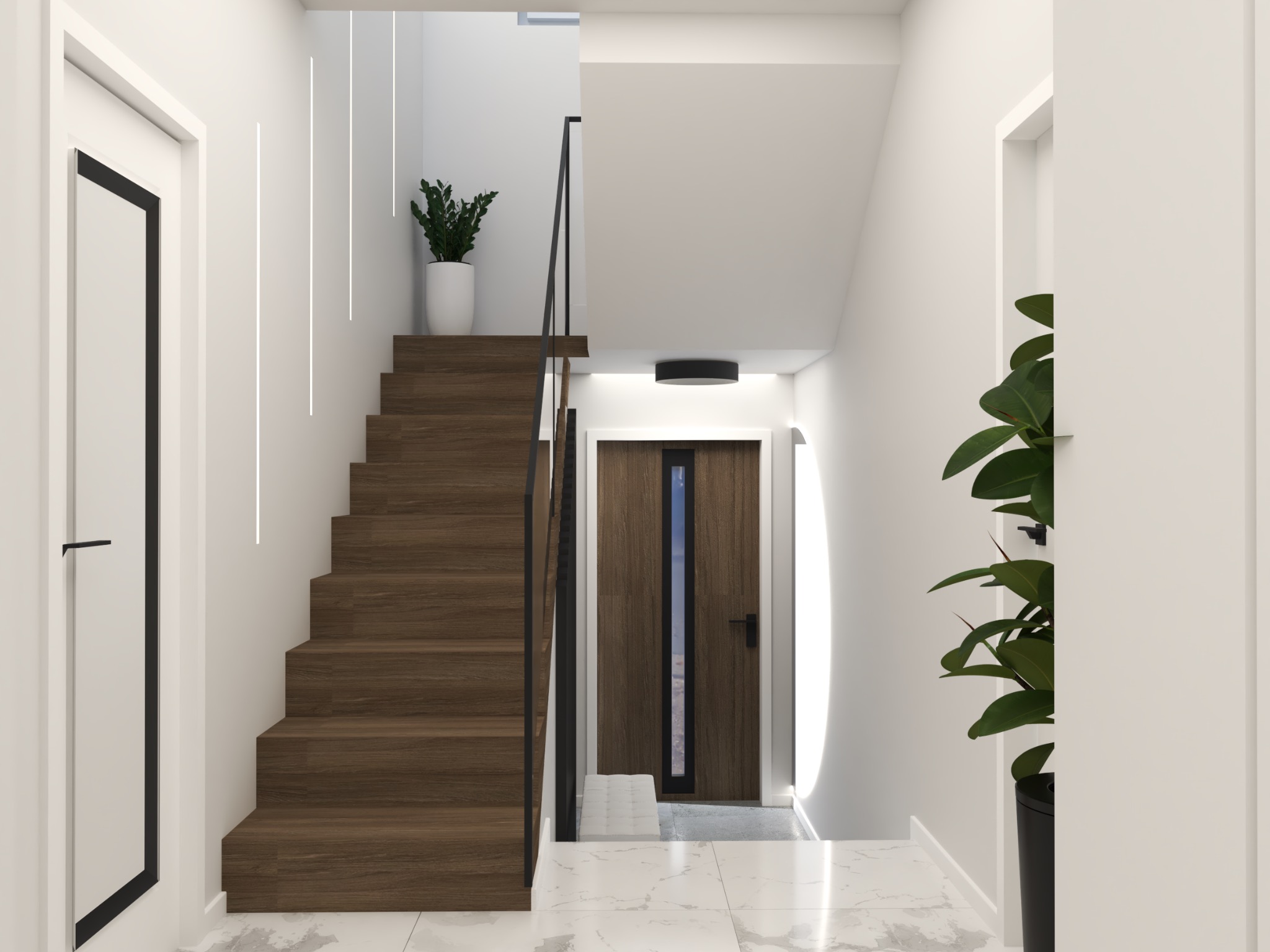 Nowoczesne schody z drewnianymi stopniami i czarną balustradą w jasnym wnętrzu. Minimalistyczny design z roślinami doniczkowymi i subtelnym oświetleniem.