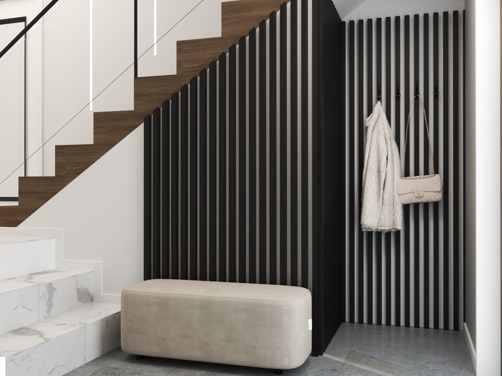 Nowoczesny przedpokój z marmurowymi schodami, drewnianymi stopniami i czarnymi lamelami. Beżowa pufa i dodatki tworzą spójną całość.