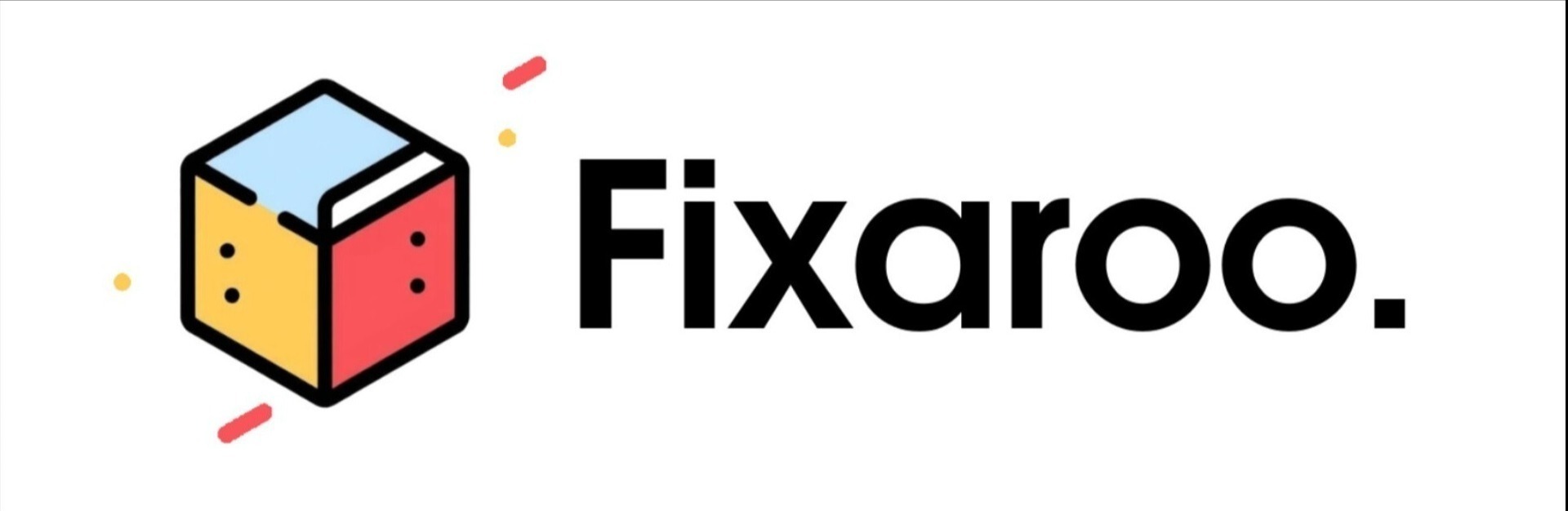 Logo firmy Fixaroo z kolorowym sześcianem i napisem. Grafika wektorowa na białym tle. Minimalistyczny design.