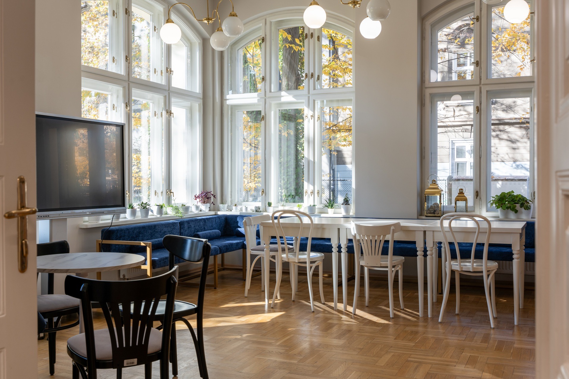 Jasne biuro z dużymi oknami, drewnianą podłogą i niebieską sofą wzdłuż ściany. Białe stoły i krzesła tworzą przestrzeń do pracy. Widok zza otwartych drzwi.