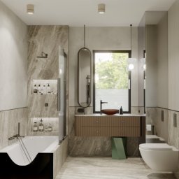 Como Studio Karolina Sawala - Nowoczesna łazienka z marmurowymi ścianami, owalnym lustrem i wiszącą szafką z umywalką w odcieniach brązu. Minimalistyczny design, stonowana kolorystyka, oświetlenie punktowe.