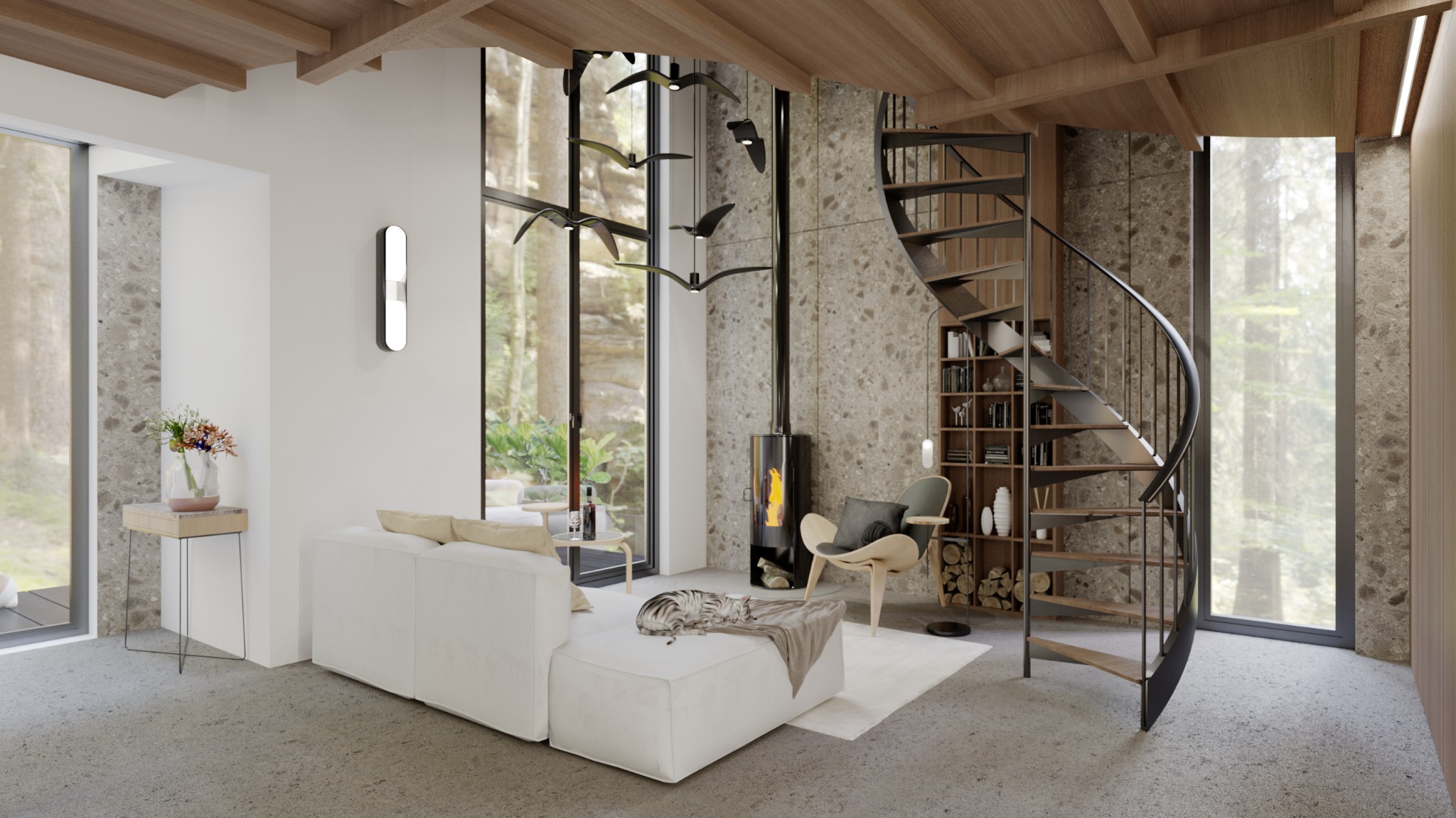 Jasne wnętrze domu 4REST House z spiralnymi schodami, kominkiem i dużymi oknami z widokiem na las. Minimalistyczny design z drewnianymi elementami i szarym kotem na sofie.
