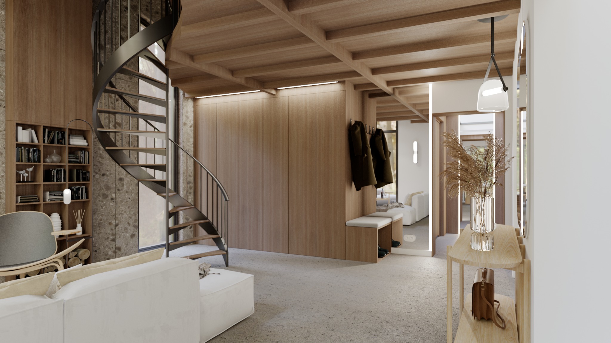 Wnętrze domu 4REST House: spiralne schody, drewniane wykończenia, minimalistyczny design, jasne kolory, książki na półkach, sofa i dekoracje roślinne.