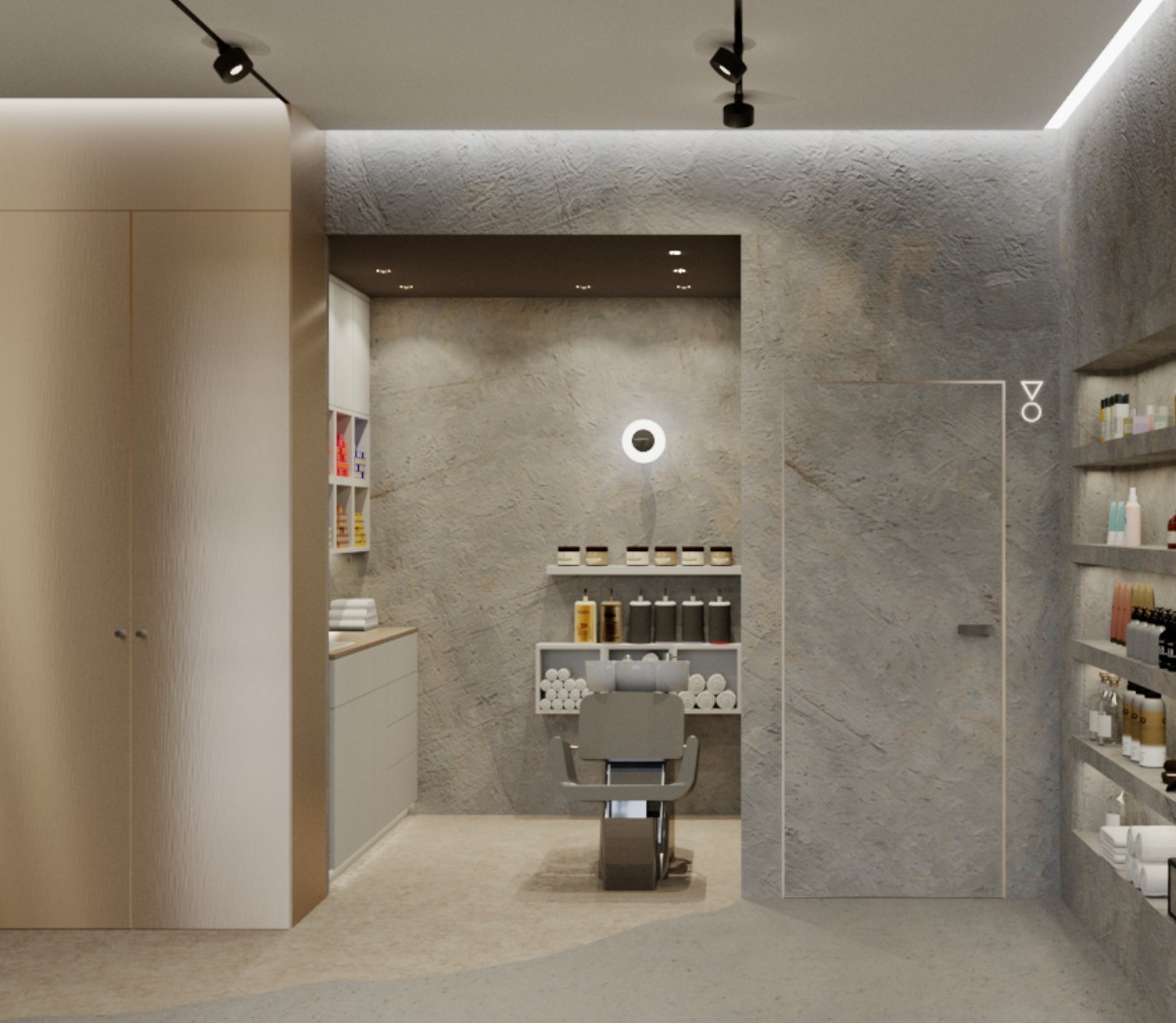 Minimalistyczne wnętrze salonu fryzjerskiego z szarą ścianą o fakturze betonu, oświetleniem punktowym i stanowiskiem do mycia włosów. Widoczne półki z kosmetykami.