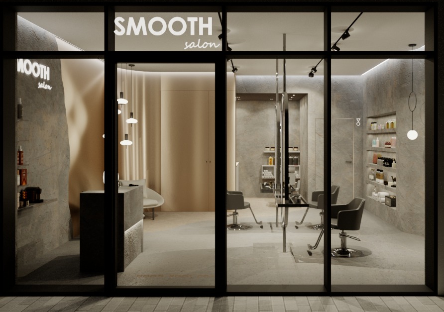 Eleganckie wnętrze salonu fryzjerskiego 'SMOOTH' z minimalistycznym wystrojem, widoczne przez przeszkloną witrynę. Stonowana kolorystyka, nowoczesne oświetlenie.
