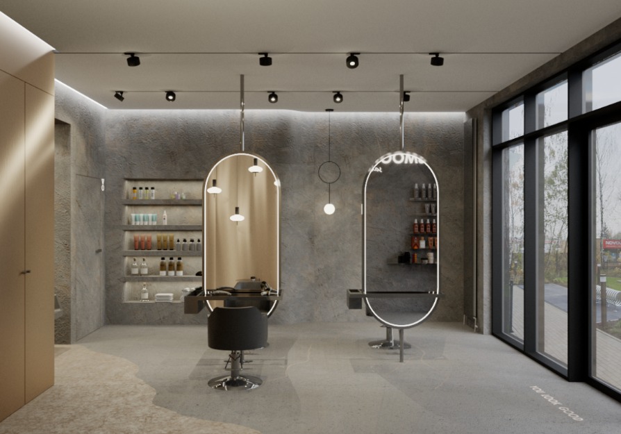 Nowoczesne wnętrze salonu fryzjerskiego z dwoma stanowiskami, betonową ścianą i dużymi oknami. Minimalistyczny design, oświetlenie punktowe i lustra z podświetleniem LED.