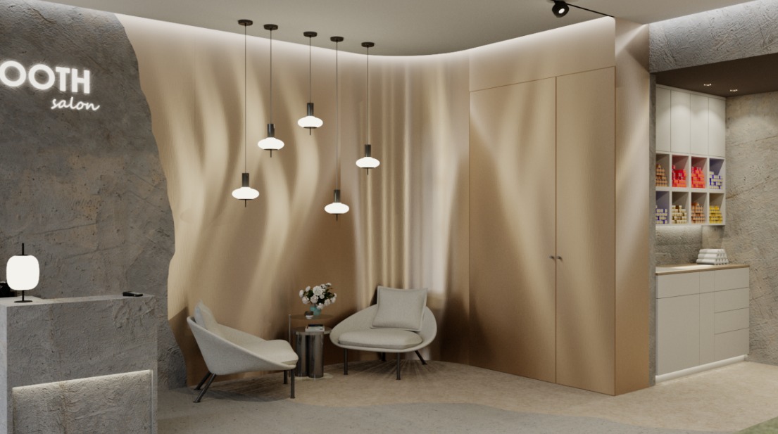 Stylowe wnętrze salonu 'SMOOTH' z recepcją z surowego kamienia, minimalistycznymi fotelami i dekoracyjnym oświetleniem. Widoczne półki z produktami i złote ściany.