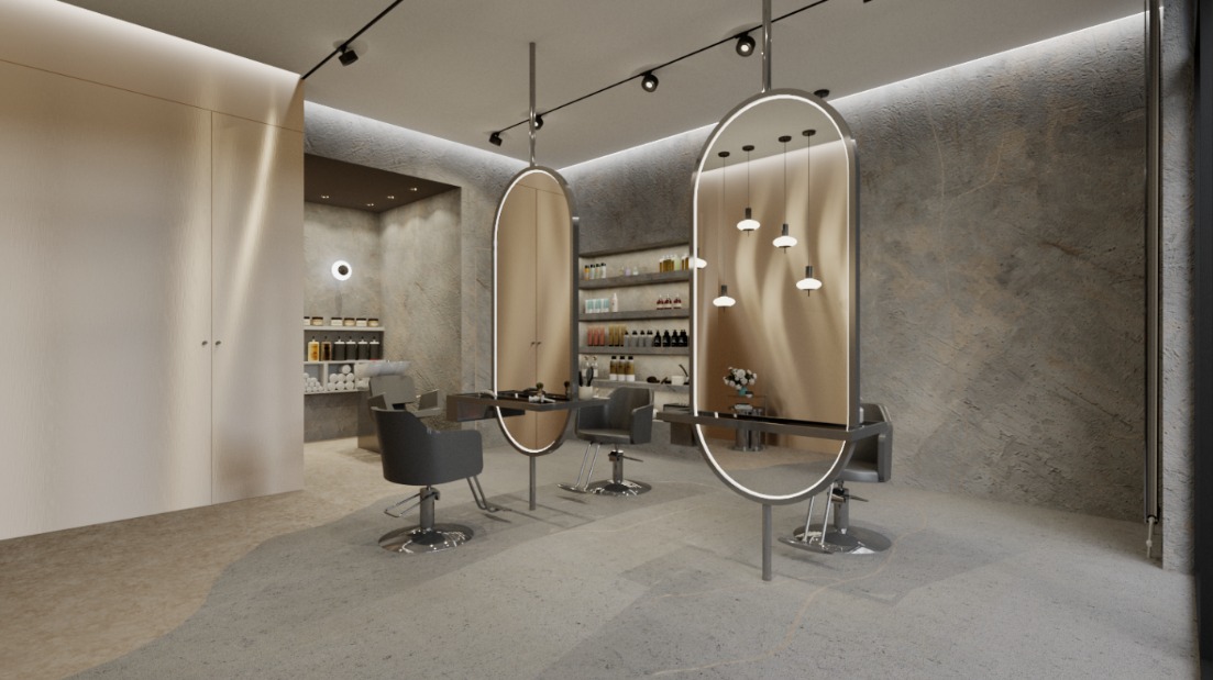 Wnętrze salonu fryzjerskiego z szarymi fotelami i owalnymi lustrami z podświetleniem LED. Minimalistyczny design z elementami złota i kamienia. Oświetlenie punktowe.