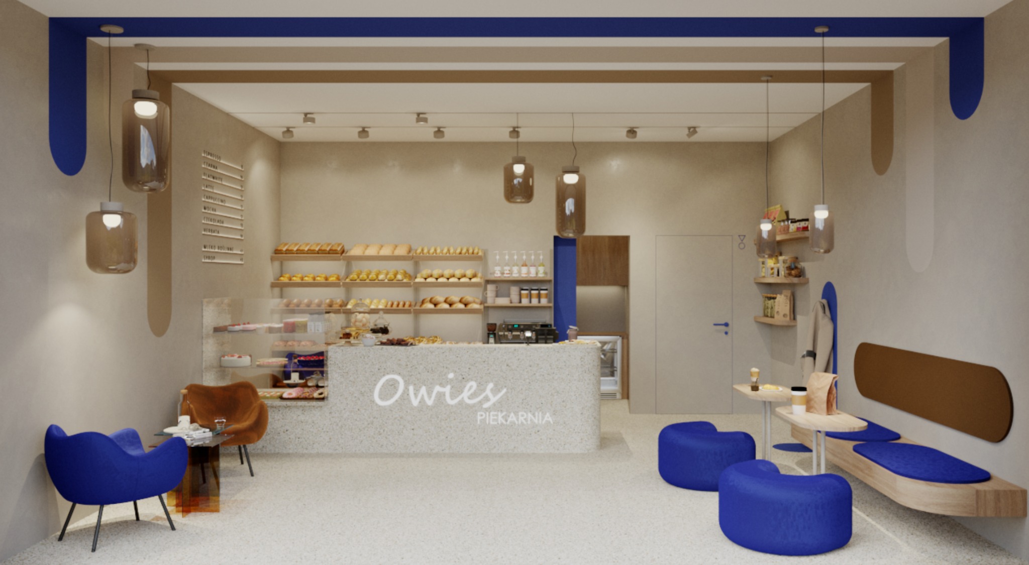 Wnętrze kawiarni 'Owies' z ladą, regałami z pieczywem, stolikami i krzesłami w odcieniach beżu i błękitu. Widoczne oświetlenie i dekoracyjne elementy.