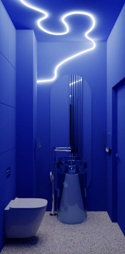 Niebieska łazienka z umywalką na postumencie i podświetleniem LED na suficie. Minimalistyczny design, nowoczesne oświetlenie, monochromatyczna kolorystyka.