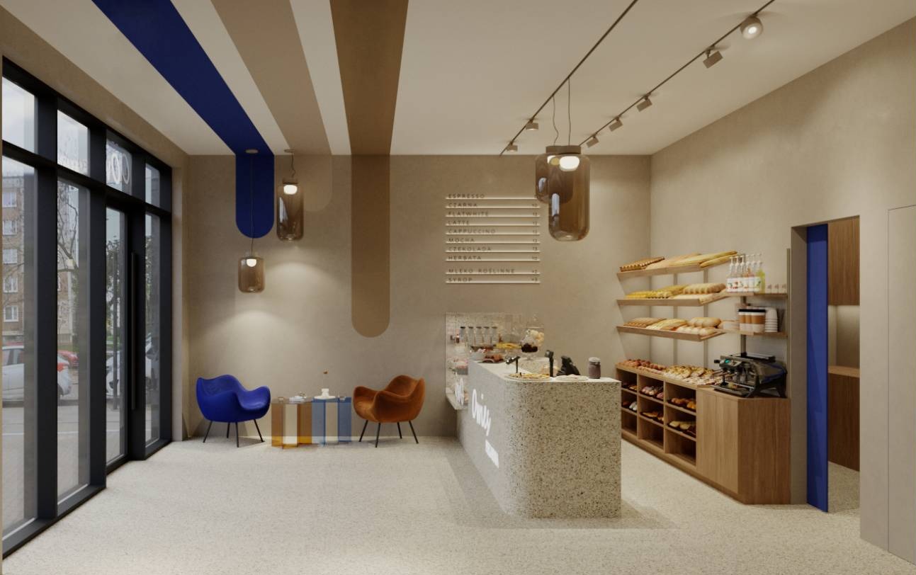 Wnętrze kawiarni/piekarni 'OWIES' z minimalistycznym wystrojem: jasne ściany, drewniane półki z pieczywem, lada z lastryko i designerskie lampy.