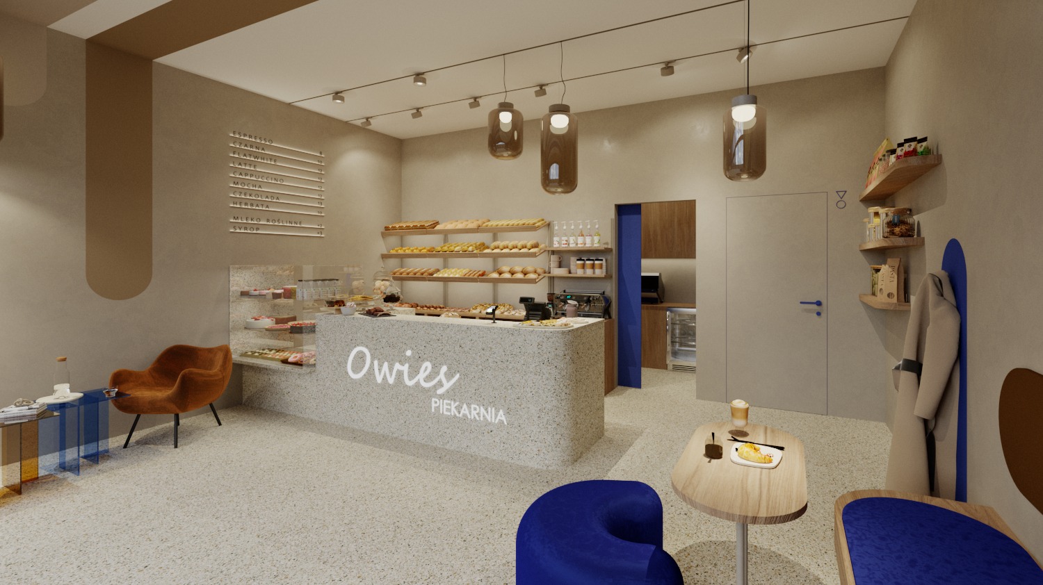 Wnętrze piekarni 'Owies' z ladą, ekspozycją pieczywa, stolikami i krzesłami w odcieniach beżu i błękitu. Widoczne menu, oświetlenie i elementy dekoracyjne.