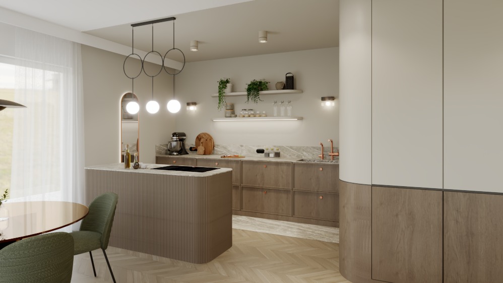 Nowoczesna kuchnia w odcieniach beżu i brązu z wyspą, okrągłym stołem i zielonymi krzesłami. Nad wyspą designerska lampa z okręgami. Parkiet ułożony w jodełkę.