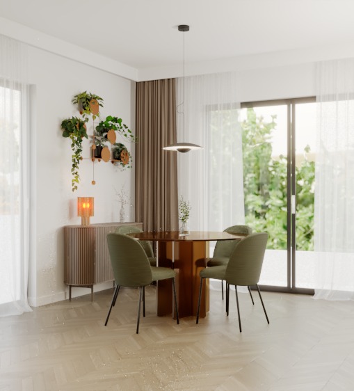 Jasne wnętrze jadalni z okrągłym stołem, zielonymi krzesłami i roślinami na ścianie. Parkiet w jodełkę, minimalistyczna lampa wisząca i duże okno z widokiem na zieleń.