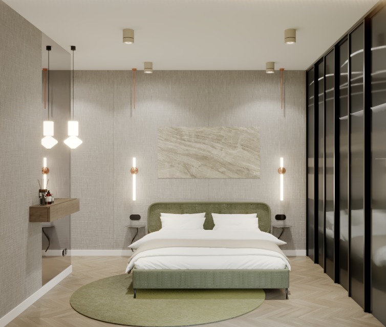 Nowoczesna sypialnia w stonowanych barwach: łóżko z zielonym zagłówkiem, okrągły dywan, minimalistyczne oświetlenie i szafa z ciemnego szkła. Mieszkanie CZ.