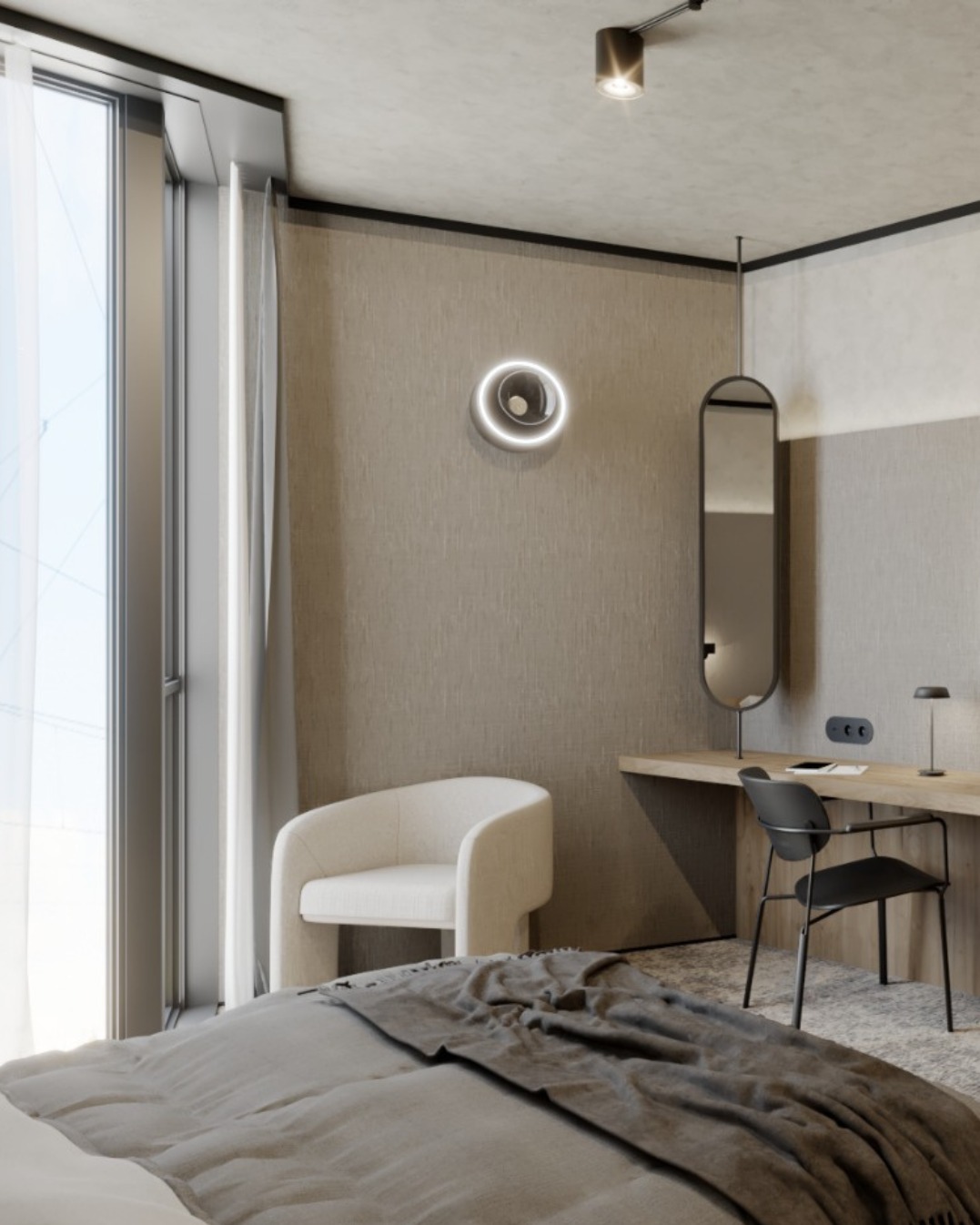 Nowoczesna sypialnia z biurkiem, krzesłem i okrągłym oświetleniem ściennym. Stonowana kolorystyka, minimalistyczny design. Widok z perspektywy łóżka.