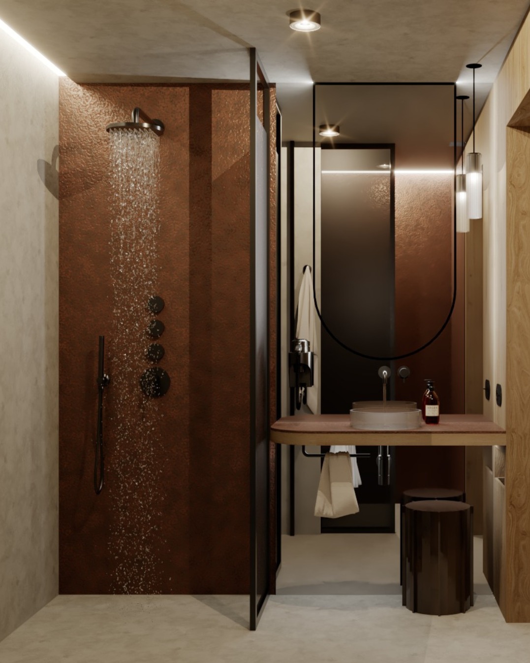 Nowoczesna aranżacja łazienki w Tarnowie Podgórnym: kabina prysznicowa z deszczownicą, umywalka na blacie i minimalistyczny stołek. Miedziane akcenty i subtelne oświetlenie.