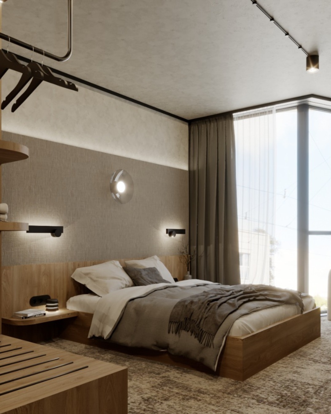 Nowoczesna sypialnia z drewnianym łóżkiem, szarą pościelą i oświetleniem punktowym. Duże okno z zasłonami w tle. Minimalistyczny design z elementami drewna i szarości.